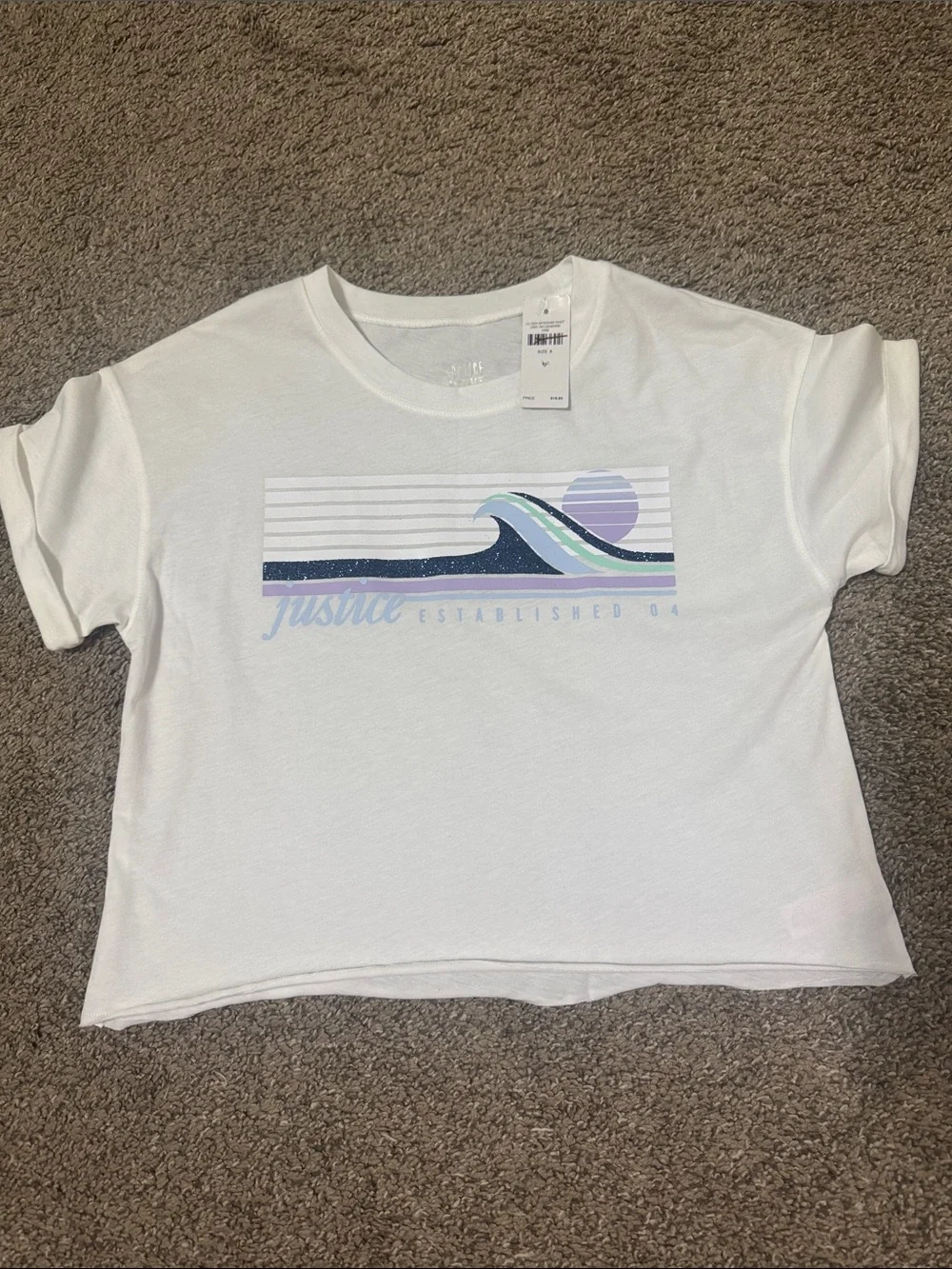 NWT Justice White Tee with Pastel Wave Graphic